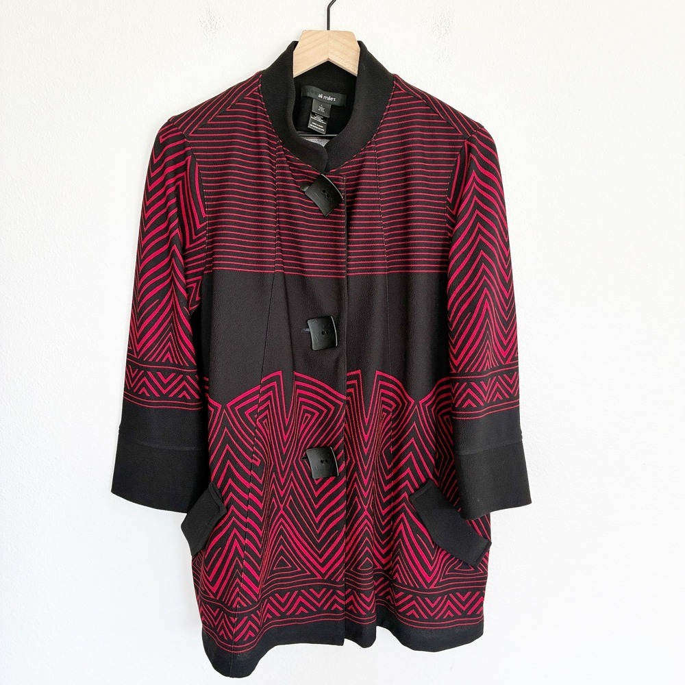 Ali Miles Jacket Womens L Red Black Geometric Stripe Oversize Button Front Artsy